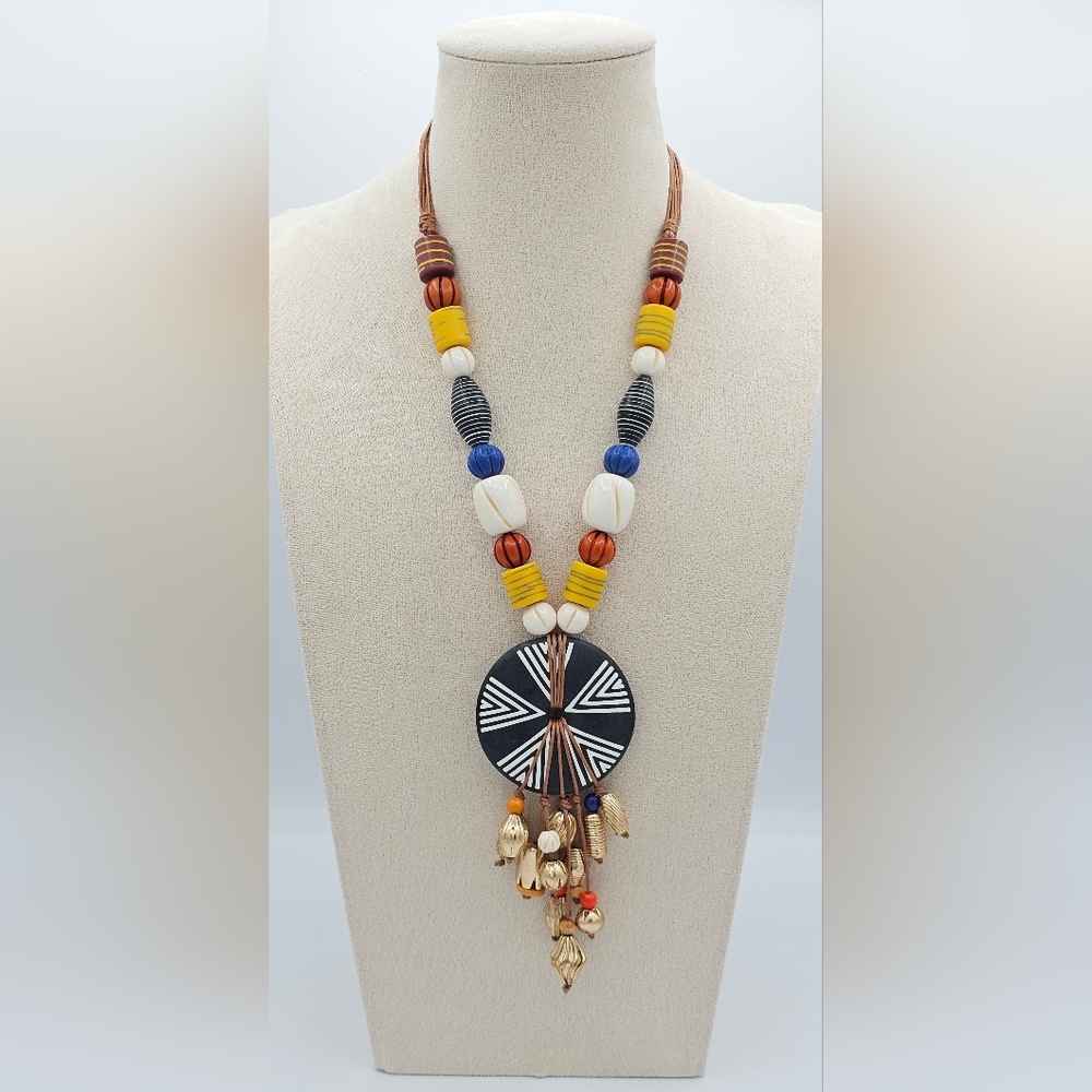 Chico's Multicolor Beaded Necklace with Black and‎ White Pendant. Festival
